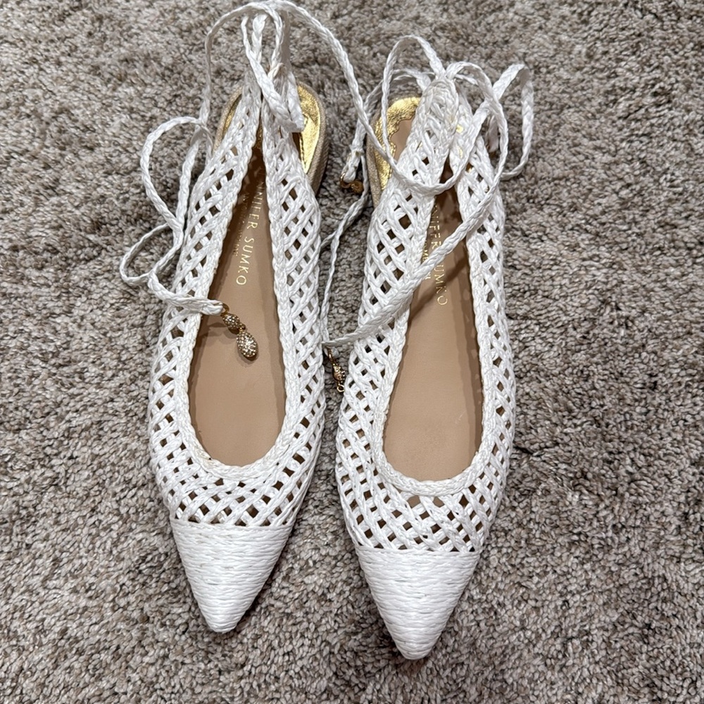 Jennifer Sumko x Antonio Melani Newport Woven White Lace Up Strappy Flats Sz 6.5 - Picture 2 of 6